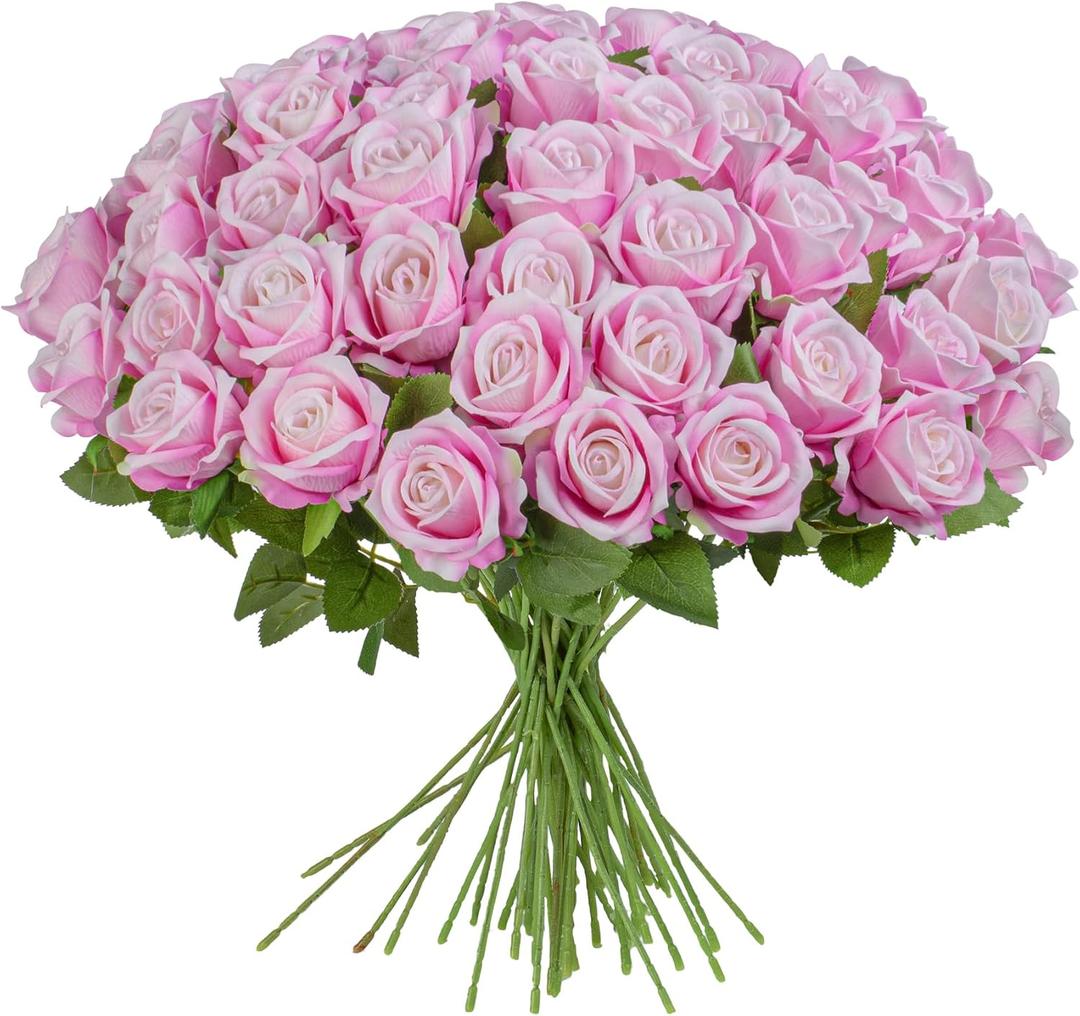 Artificial Flowers Roses Touch Fake Rose Bouquet Flower Stem Fo Wedding Centerpieces DIY Wreath Home Decorations Silk Roses Fo Mothers Party Fake Outdoor Flowers Decor 19.6"(Deep Pink 50PCS)