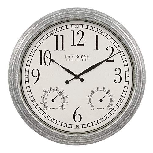 La Crosse Clock 433-3236 14-inch Silas Indoor/Outdoor Galvanized Analog Quartz Wall Clock, Silver
