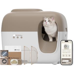 PetSnowy Self-Cleaning Automatic Cat Litter Box with Odor Control TiO2 System, Robot Litter Box with Auto-Packing, App Control, Large Cats & Multiple Cats (2025 Premium Version) (Brown)