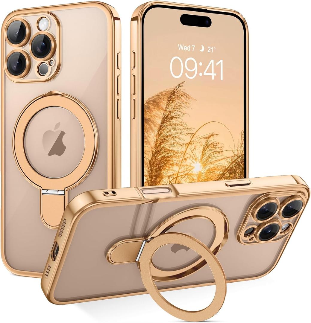 GUAGUA for iPhone 16 Pro Max Case with Stand, Magnetic Clear Cases Plating Edge Invisible Ring Holder Slim Shockproof Protective Kickstand Phone Case for iPhone 16 Pro Max 6.9'', Desert Titanium Gold