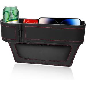 Car Seat Gap Filler Organizer, Auto Leather Seat Organizer with Adjustable Cup Holder, Multifunctional Side Insert Center Console Storage Box for Phone Drink Sunglasses (Black & Red)