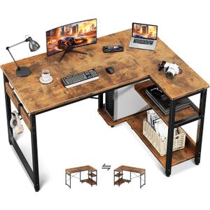 Casaottima L Shaped Computer Desk, 40 Inch Small Corner Desk with Storage Shelves & PC Stand, Reversible Gaming Desk for Bedroom, Modern Writing Study Table for Home Office, Vintage