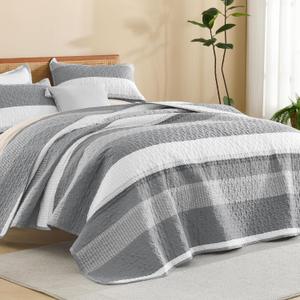 Litanika Quilt Queen Size Silver Grey, Stripe Patchwork Summer Bedspread Coverlet 3 Pieces, Soft Lightweight Microfiber Quilted Bedding Set for All Season(1 Quilt, 2 Pillowcases) (Queen(96*90in), 17 - Silver Grey)