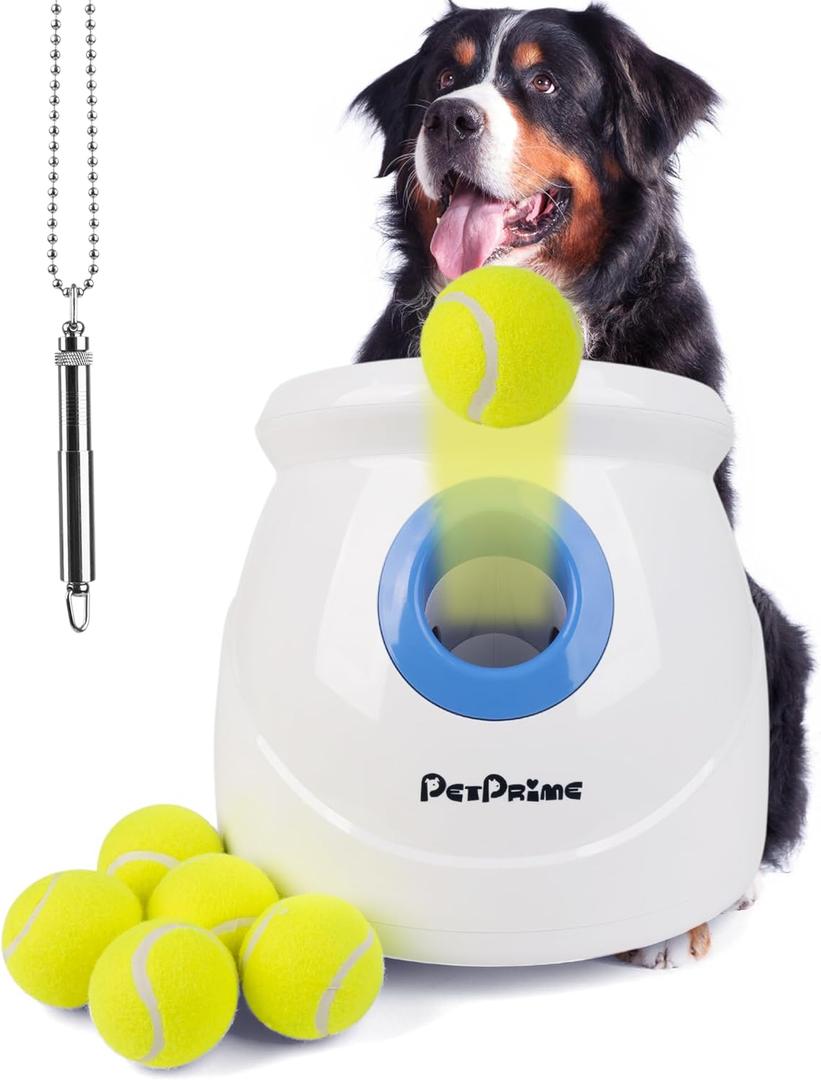 Pet Prime Dog Automatic Ball Launcher for Large Dogs Ball Thrower Machine Outdoor Indoor Use Interactive Dog Toy Adjustable Distance 10-40ft - Included 6 PCS 2.5 Tennis Balls and a Whistle