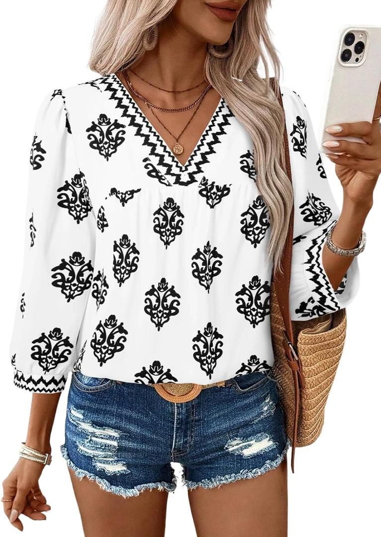 SHEWIN Women's Casual V Neck Floral Print Chiffon Blouses 3/4 Sleeve Boho Summer Tops Shirts (X-Large, White)