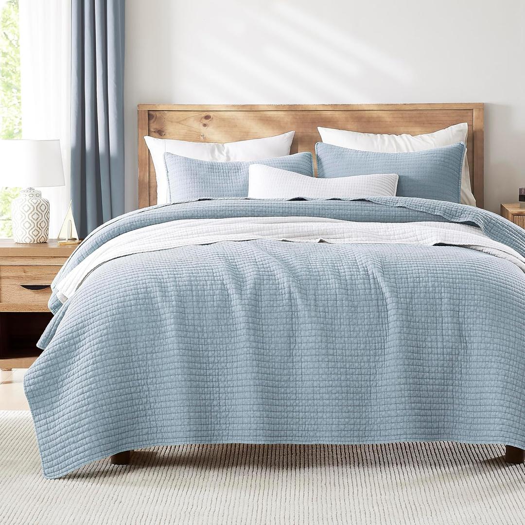 WDCOZY Blue King Size Quilt Set, Muslin Cotton Shell Down-Alt Poly Filling, Shabby Chic Rustic Farmhouse Country Bedspread, Textured Gauze Coverlet, Soft Lightweight Bedding, All Season, 2 Shams