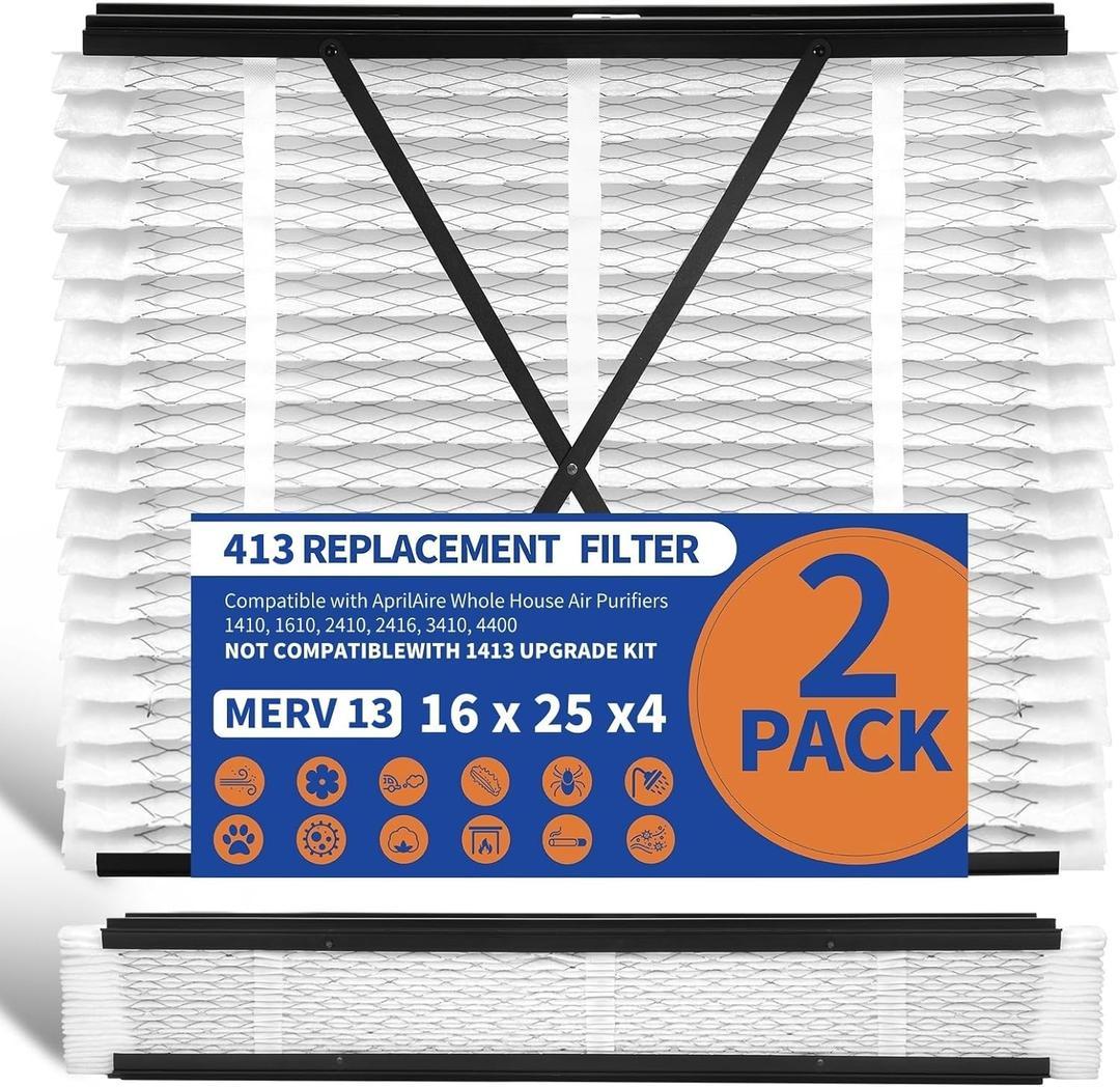 IYOUYA 2 Pack 413 Replacement Filter Compatible with AprilAire Whole House Air Purifier 1410, 1610, 2410, 2416, 3410, 4400, MERV 13, 16 x 25 x 4 Air Filter