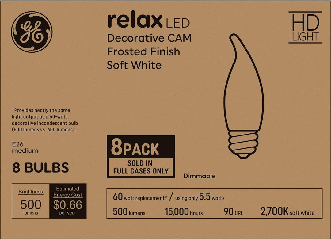 GE Relax LED Light Bulbs 60W, Soft White Candle Lights, Frosted Decorative Light Bulbs, Medium Base (8 Pack)