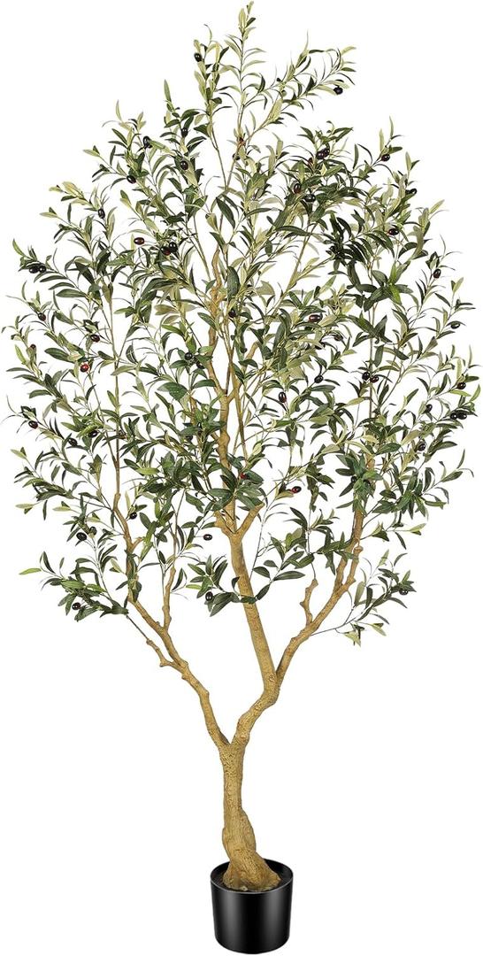 Faux Olive Tree 7FT, Olive Trees Artificial Indoor, Large Fake Tree with Realistic Leaves Branches and Lifelike Fruits for Home Office Living Room Decor Pack of 1