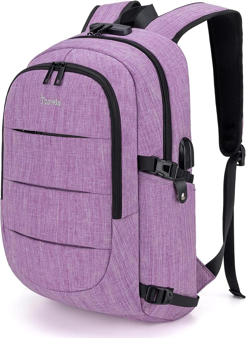 Tzowla Travel Laptop Backpack Water Resistant Anti-Theft Bag with Giant Tumbler Holder Pocket and Lock 15.6 Inch Computer Business Backpacks for Women Men Work College Gift,Casual Daypack(Purple)