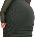 REORIA Women's Summer Mesh Sheer Short Sleeve Midi Ruched Bodycon Dress Mock Neck Elegant Evening Party Cocktail Dresses (Green, L)