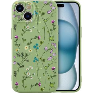 RALEAVO Floral Case for iPhone 15,Liquid Silicone Cover with Cute Flower Branch Pattern for Girls Women Slim Soft Rubber Protective Phone Case for iPhone 15 (6.1"),Green