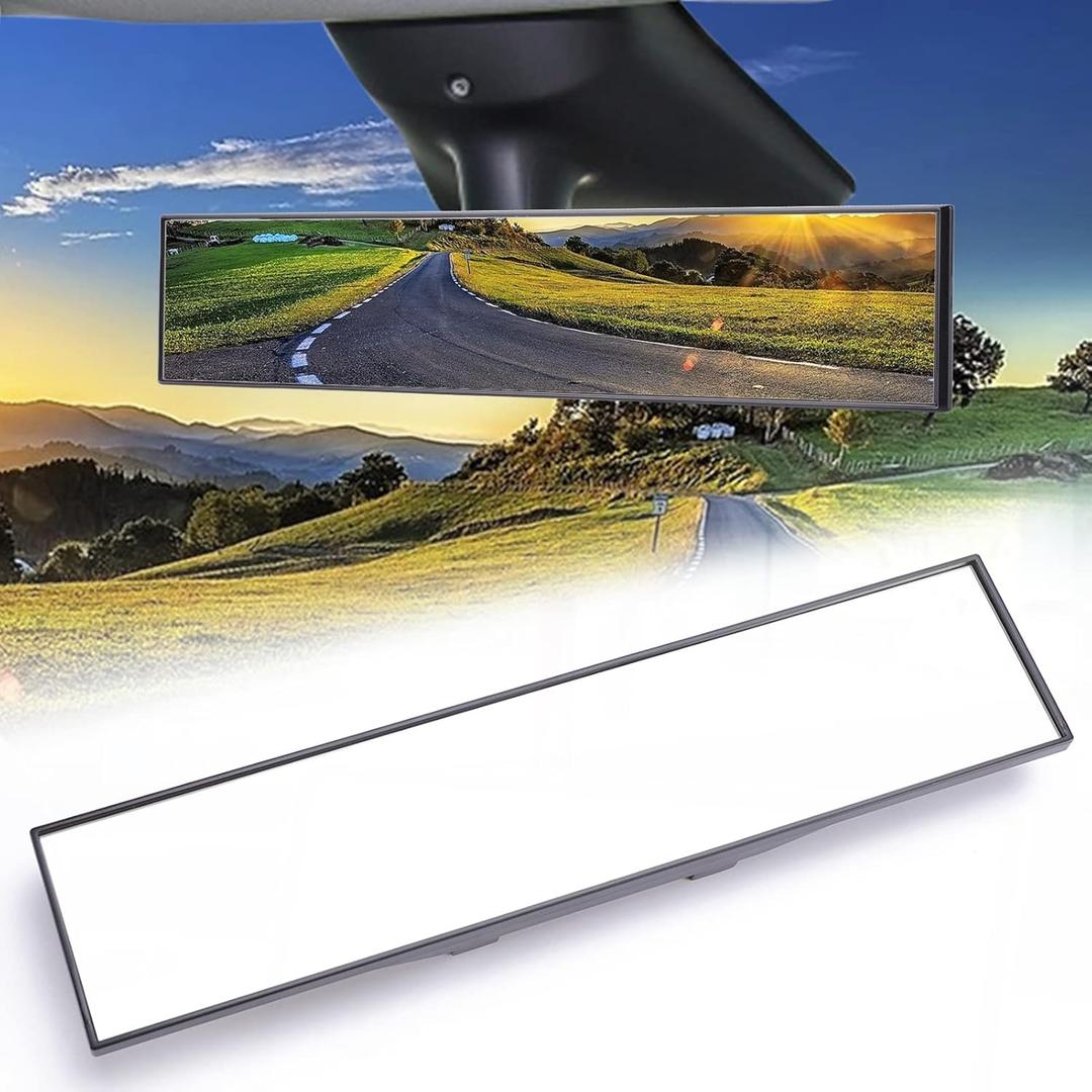 14" Wide Angle Rearview Mirror, Anti-Glare Clear Tint, Clip-on Flat Interior Mirror for Car SUV Truck  Universal Fit with Adjustable Clamps, Lightweight Design (Not Panoramic)