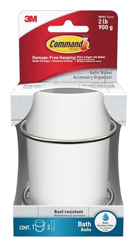 Command Accessory Organizer, Holds up to 2 lb, 3.36" x 3.78" x 4.4" Organizer with 2 Medium Water-Resistant Strips, Satin Nickel, Damage-Free Bathroom Organization