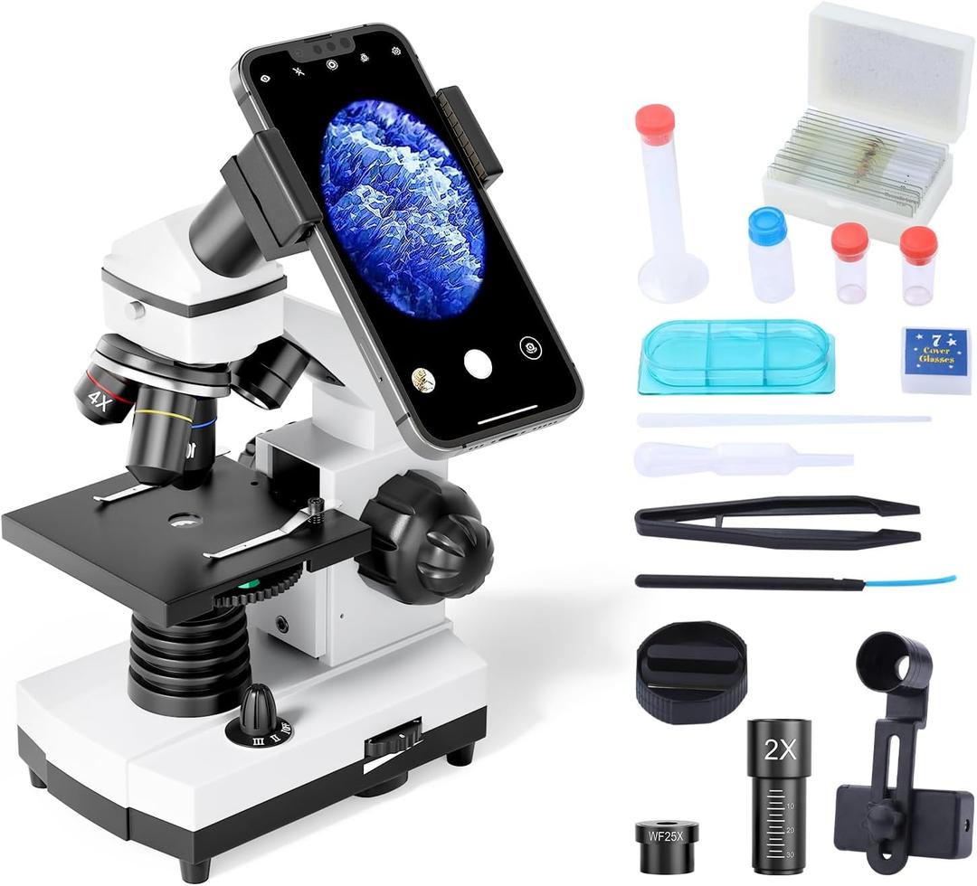 Microscope for Adults Kids Students 100-2000x Powerful Biological Educational Microscopes with Operation Accessories (10p), Slides Set (15p), Phone Adapter, Wire Shutter & Backpack (WR855(White))