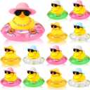 Sotiff Mini Rubber Ducks Bulk for Kids Children Cute Yellow Duck Toy for Dashboard of Car Ornaments with Sunglasses Swim Ring Mini Hat Necklace for Birthday Party Gift(12 Sets,Novelty)