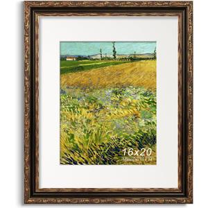16x20 Picture Frame, Ornate Embossing Frame with Paper Mat and Plexiglass, Fit for 16x20 without Mat or 11x14 with Mat, Wall Mounting Display for Art Prints, Bronze and Antique Gold, 1 Pack