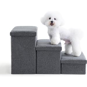 Dog Stairs with Storage, Foldable Dog Steps for Bed, Non-Slip Pet Steps for Small Dogs, Collapsible Sturdy Pet Ramp for Small or Large Dogs, Hold Up to 200 lbs (28.5x17x16.5 inch, Grey, 3)