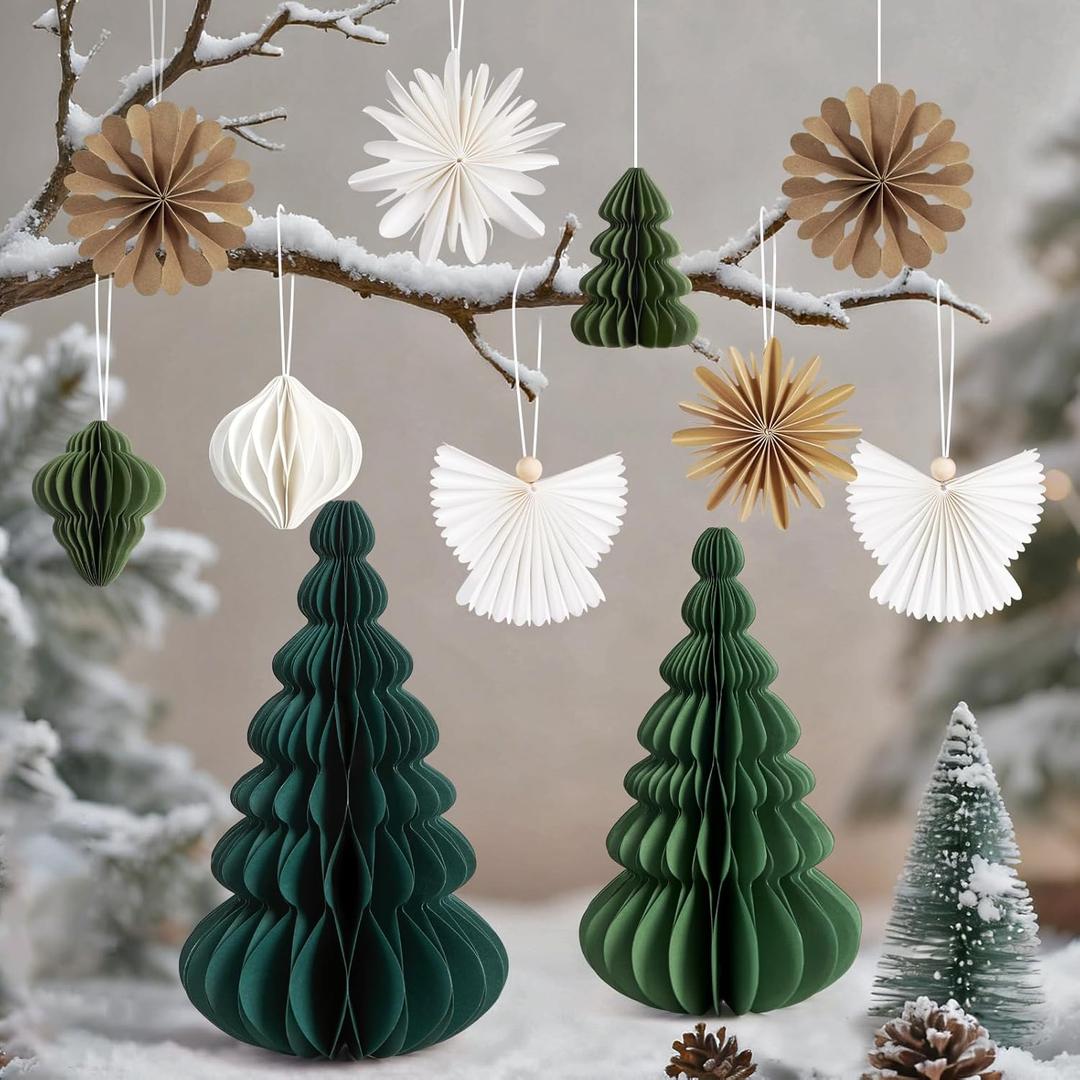 OBBOLO 11 Pcs Paper Christmas Trees and Hanging Ornaments, White Sage Green and Brown Christmas Paper Honeycomb Decor for Xmas Home Decor Indoor and Table Centerpiece