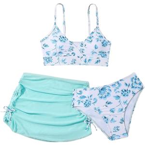 COZYEASE Girls' 3 Piece Set Floral Print Bikini Swimsuit with Drawstring Beach Skirt Cute Ruched Bathing Suit , 10 Years, Green and Blue