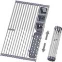 LIONONLY Expandable Roll Up Dish Drying Rack, 304 Stainless Steel Over The Sink Dish Drainer Rack, Foldable Rollable Kitchen Sink Rack with 2 Removable Utensil Holder 12.59”-12.59”to 23.22”