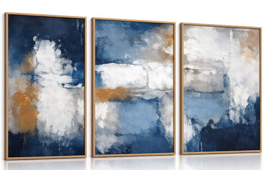 HOURIA Set of 3 Abstract Brush Strokes Framed Canvas Wall Art Set,Navy Blue and Gold Wall Decor,Modern Color Block Shape Artwork,Minimalist Neutral Blue Printing for Living Room,Bedroom, Office 