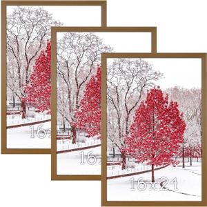 Light Brown 16x24 Frame Set of 3 - Rustic Woodgrain 16 x 24 Poster Frame with Plexiglass for Wall Gallery Display, 16x24 Picture Frame for Puzzles, Artwork, Photos and Posters - Ideal Christmas Day