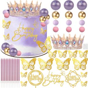 Corona Para Pastel, Crown Cake Topper, 3 Happy Birthday Cake Toppers, Balls Candles Butterflies Cake Decorations, Birthday Crown for Women Queen Princess (Rose Gold, Moonlight Purple)