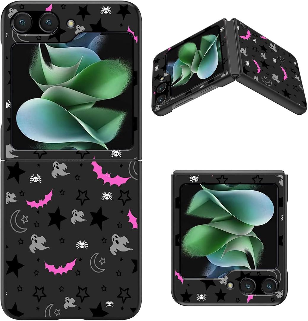 Slim Case for Samsung Galaxy Z Flip 5 with Gothic Skull Moon Stars Bat Designed, Hard PC Shockproof Wireless Charging Cover Women Girls Flip Phone Case for Galaxy Z Flip 5