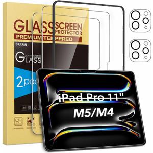 SPARIN Screen Protector for iPad Pro 11 Inch M5 2025/M4 2024 (6th/5th Generation), with Camera Lens Protector & Alignment Frame, Case Friendly/Apple Pencil Compatible Tempered Glass [2+2 Pack]