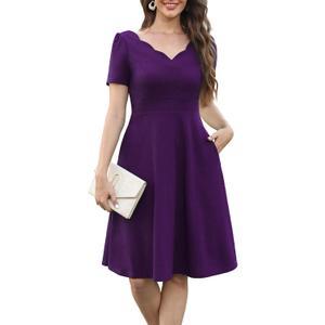 Women's Elegant Vintage Scallop Trim Scallop Trim V-Neck Casual Work Dress Swing A Line Bridesmaid Cocktail Party Dresses with Pockets 755 Purple M