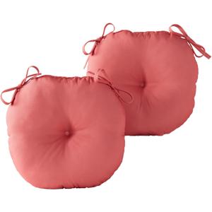 15 x 15 Round Bistro Chair Cushion, Reversible Patio Seat Cushion with Attached Ties, Polyester Fabric, Recycled Polyfiber Fill, Set of 2 - Coral
