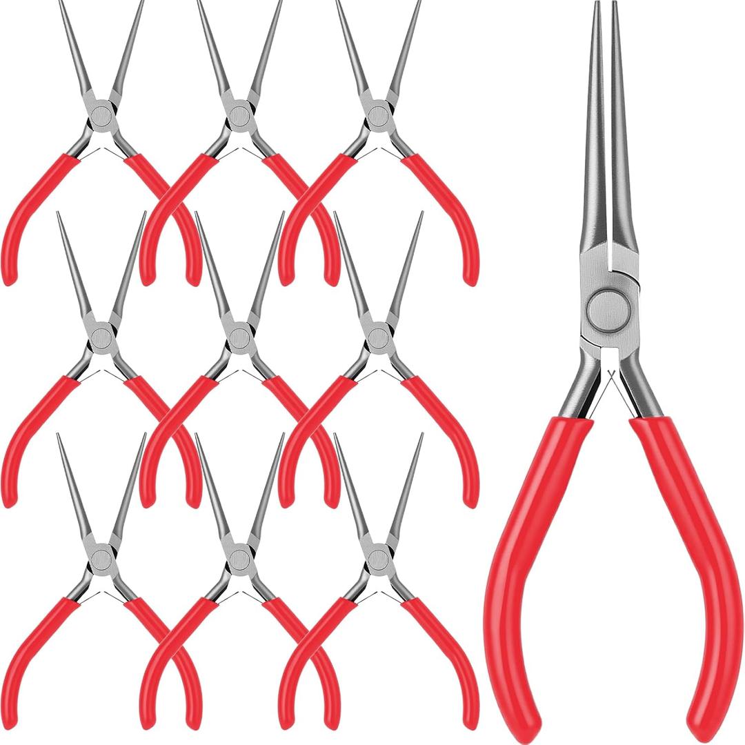 10 Pcs Mini Needle Nose Pliers Bulk, 6 Inch Precision Pliers Set with Extra Long Tips for Jewelry Making, Wire Wrapping, Small Object Gripping, DIY Project (Red)