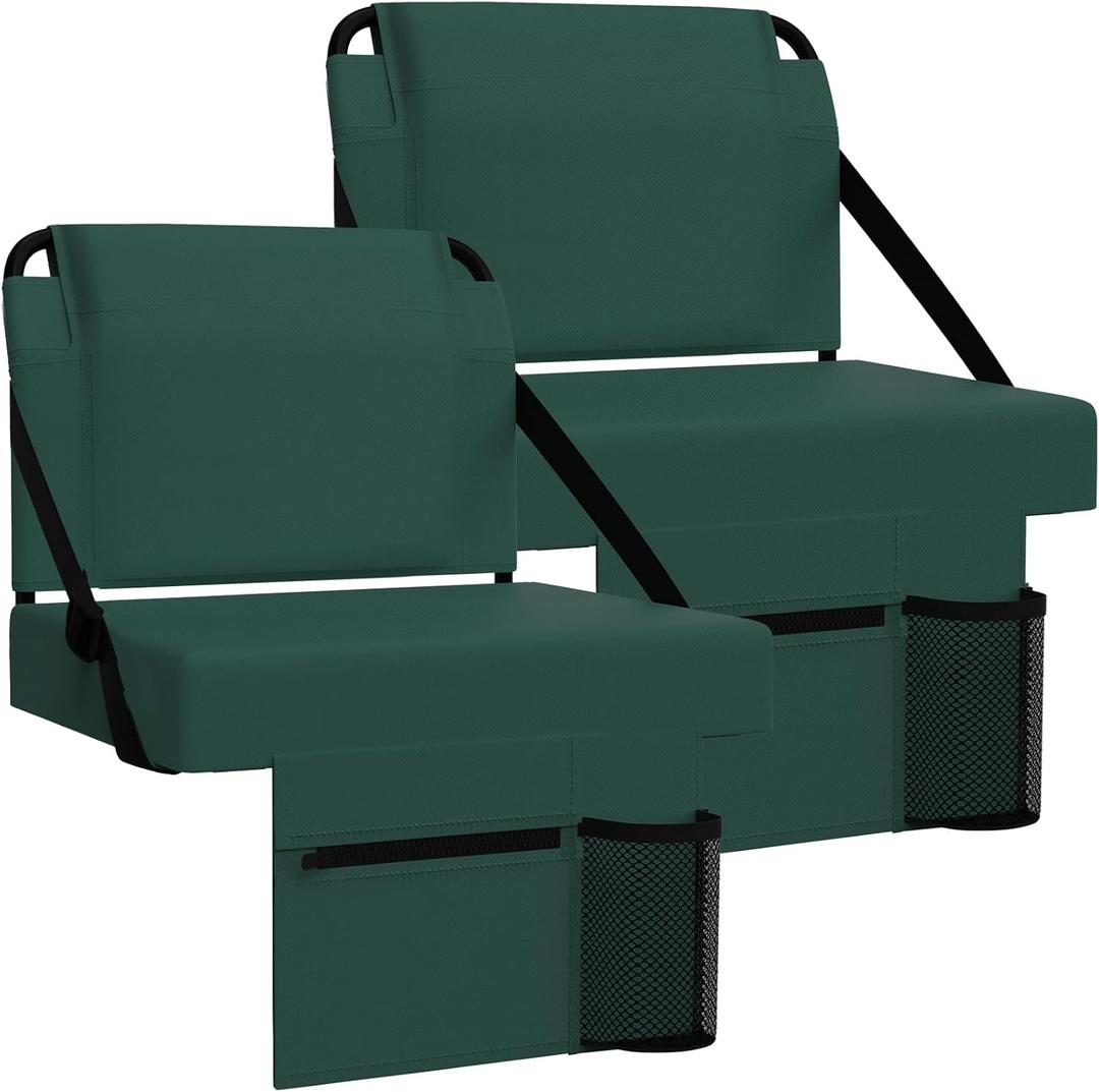 2pcs Stadium Seat for Bleachers with Back SupportPortable Bleacher Chairs with Back and CushionIncludes Shoulder Strap and Cup Holder (Green,2 Pack)