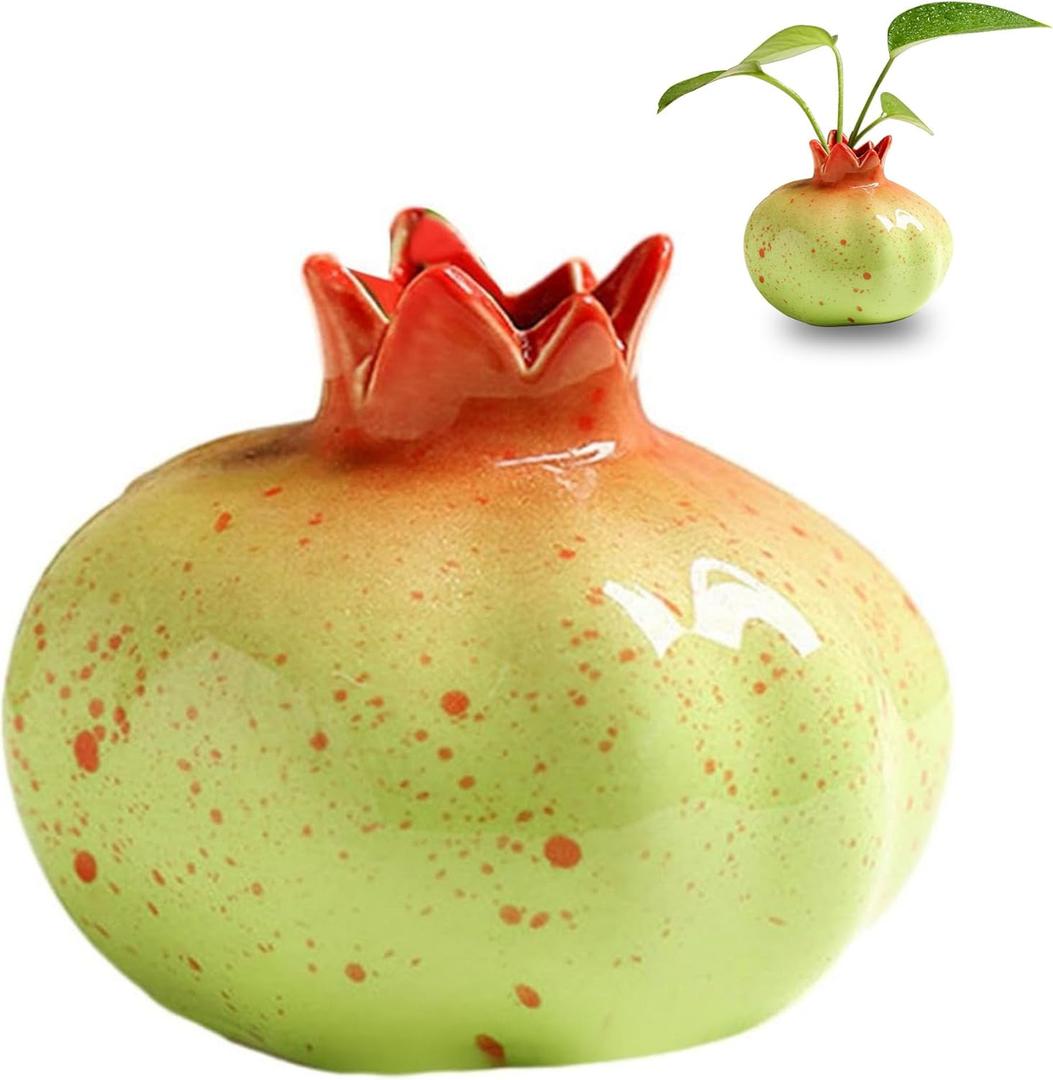 Cute Ceramic Fruit Vase, Ceramic Pomegranate Hydroponics Plants Vase, Handcrafted Small Planter Pot, Dried Flowers vase Container, Green 4.1'' x 3.5''