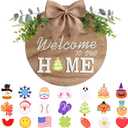 Interchangeable Welcome Home Sign, Seasonal Front Porch Door Decor With 21 Changeable Icons for Halloween /Christmas/Independence Day, Rustic Wood Wreaths Wall Hanger for Housewarming Gift (12in) (Brown)