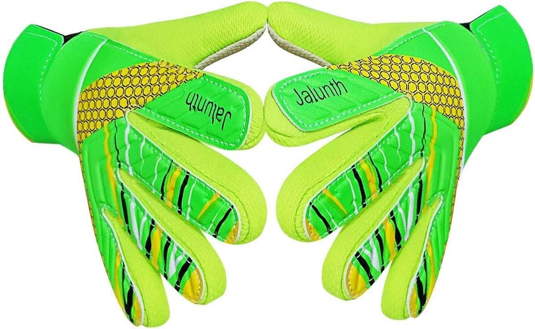 Jalunth Goalkeeper Goalie Soccer Gloves Kids Youth Goal Keeper Field Player Glove Boys Girls Embossed Anti-Slip Latex Palm Soft Pu Hand Back (Size 8 Suitable for 11-13 Years,  Green)