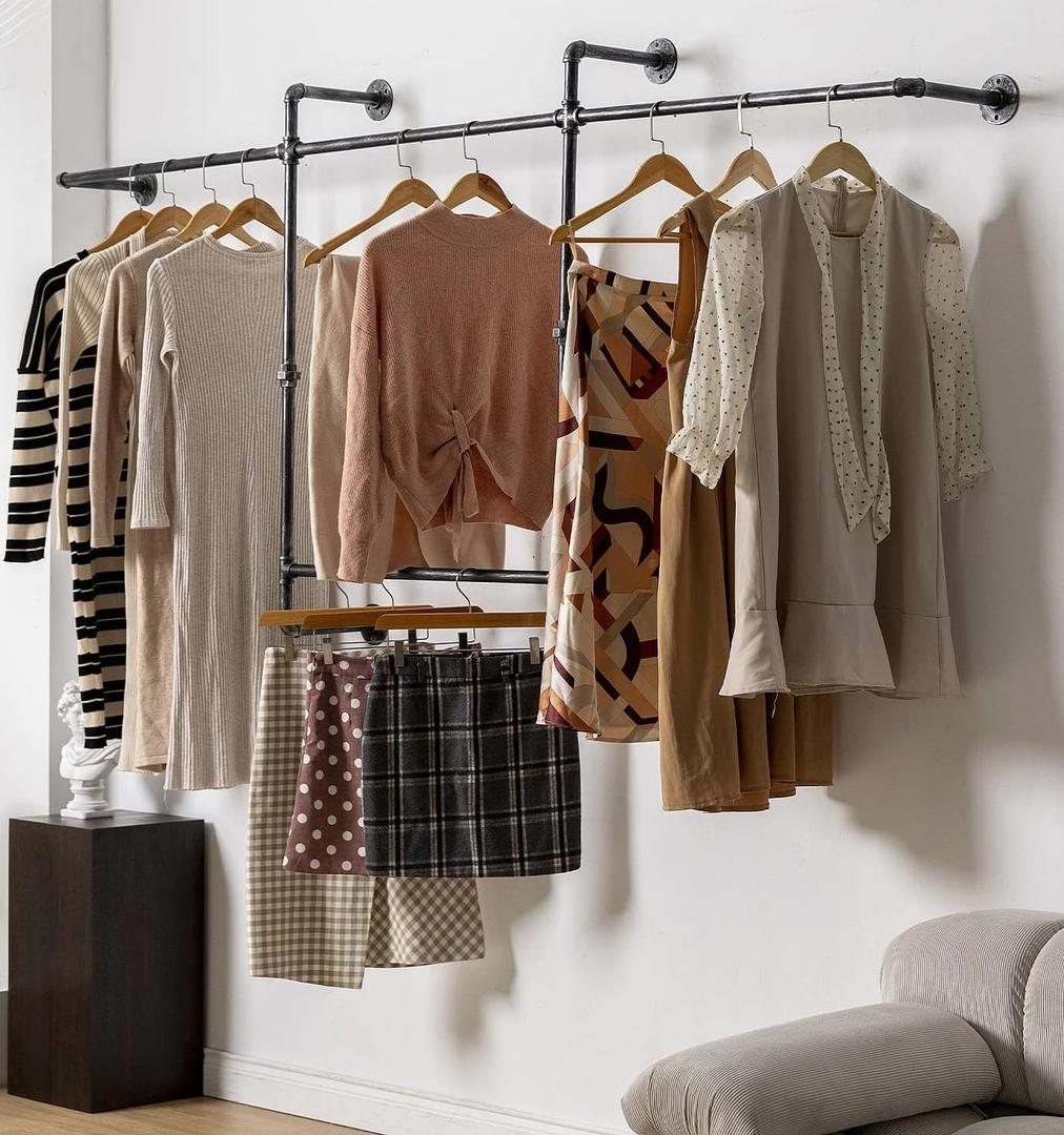 Industrial Pipe Clothing Rack, Hanging Garment Rack, Wall Mounted Pipe Clothes Rack with Four Hanging Rods, Heavy Duty Garment Rack, Industrial Steampunk Closet Organizer Hall Tree (Metal Pipes-Black)