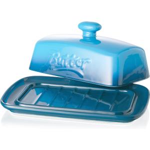 Large Porcelain Butter Dish with Lid, Candiicap Classic Color Changing Butter Keeper for Countertop, Large Butter Holder for Butter Storage, Dishwasher Safe (Navy Blue)