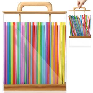 LemonRoad Counter Straw Holder Dispenser, 9.84 Inch Square Drinking Straw Dispenser Acrylic with Bamboo Lid for Thanksgiving Christmas Party Storage, Not Included Straws