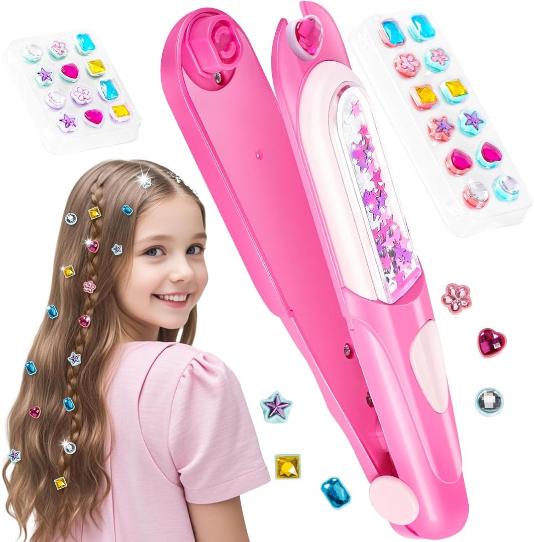 Yoloflix Hair Gem Stamper Kit,Bling Hair Jewels for Girls, Hair Styling Tool with Reusable Shining Diamonds, Christmas Birthday Arts & Crafts Gift for 5-12 Year Old Girl (Pink)
