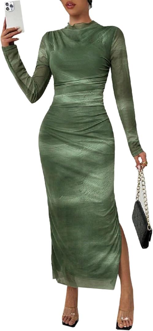 MOEENCN Women Sheer Mesh Maxi Dress Long Sleeve Bodycon Birthday Outfits Ruched Tie Dye Cocktail Club Party Dresses, Green Side Slit Dress, Size: X-Large