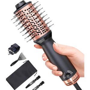 Travel Dual Voltage Hair Dryer Brush, Small Hot Air Brush for European Travel, Compact 2 Inch One Step Blowout and Volumizer Hair Blow Dryer with Oval Design, Rose Gold