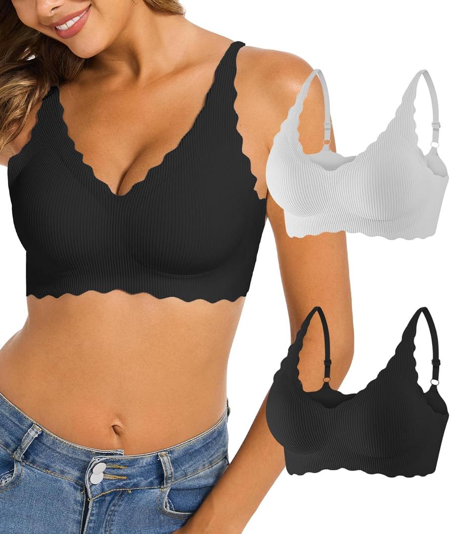 Padded Bralettes for Women Pack Seamless Bras Full Coverage Wireless Bralette Ribbed V Neck Comfort Tshirt Bra Set (Large, Black + Gray)