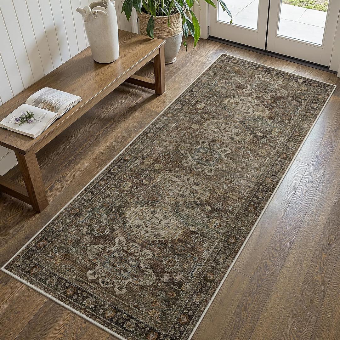 Bavni Washable Runner Rug 2x5, Non Slip Vintage Hallway Runner, Ultra Thin Low Pile Washable Carpet for Kitchen Entryway Bedroom, Brown