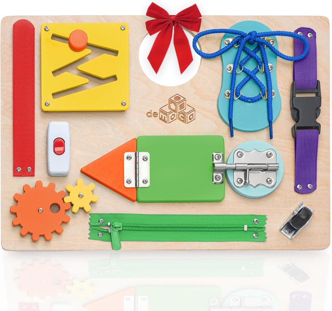 deMoca Sensory Busy Board for Toddlers, Premium Wooden Toddler Busy Board for 1 2 3 Year Old with 10 Educational Activities for Fine Motor Skills, Fidget Activity Toy for Travel Toy (Multicolored - Large)