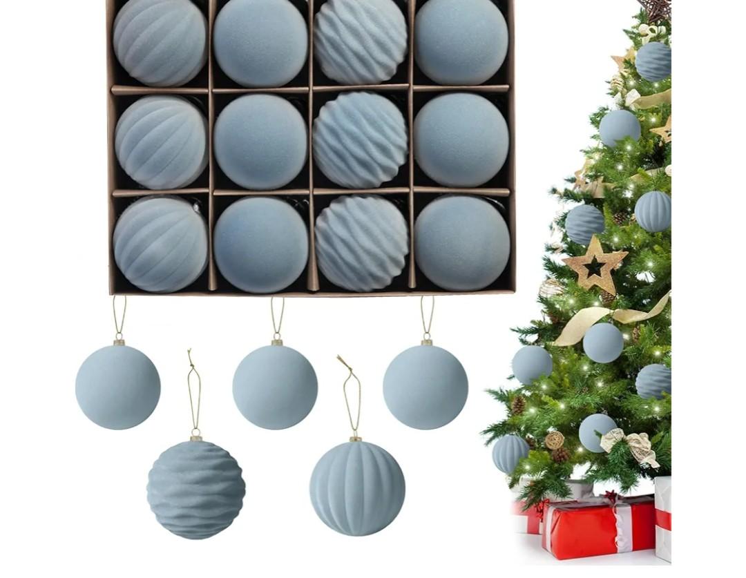 3.15 inch Velvet Christmas Ornaments Balls Sets, 12 PCS Velvet Ornaments for Christmas Tree, Flocked Ornaments Balls for Holiday Party Xmas Hanging Decoration ( Dusty Blue)