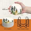 2 x Forest Pattern Coasters Set of 6 with Holder and Cork Base-4in Absorbent Ceramics Coaster for Tabletop Protection Drink Coasters - Coffee Table, Home Decor-Housewarming Gifts for New Home