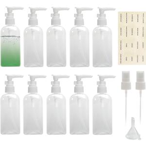 10pcs Travel Dispenser Bottle, 3.4oz Clear Small Dispenser Pump Bottle, Plastic Lotion Bottle with Pump & 2pcs Mist Sprayer & Small Funnel & Label for Soap/Shampoo/Conditioner/Body Wash