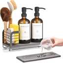 Kitchen Soap Dispenser Set with Drying Tray 16oz Glass Bottles with Stainless Steel Pumps, Black Sink Organizer Caddy with Brush Holder & Non-Slip Feet All-in-One Dish & Hand Soap Station